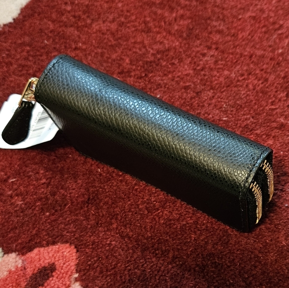 Coach Cross Grain Leather Double Zip Coin Case Black Light Gold Tone Hdwr NWT - Picture 6 of 15